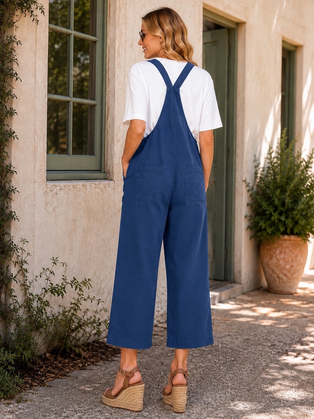 ZENANA ROYAL BLUE KNOT STRAP WIDE LEG CROPPED JUMPSUIT SIZE M - Picture 2 of 7